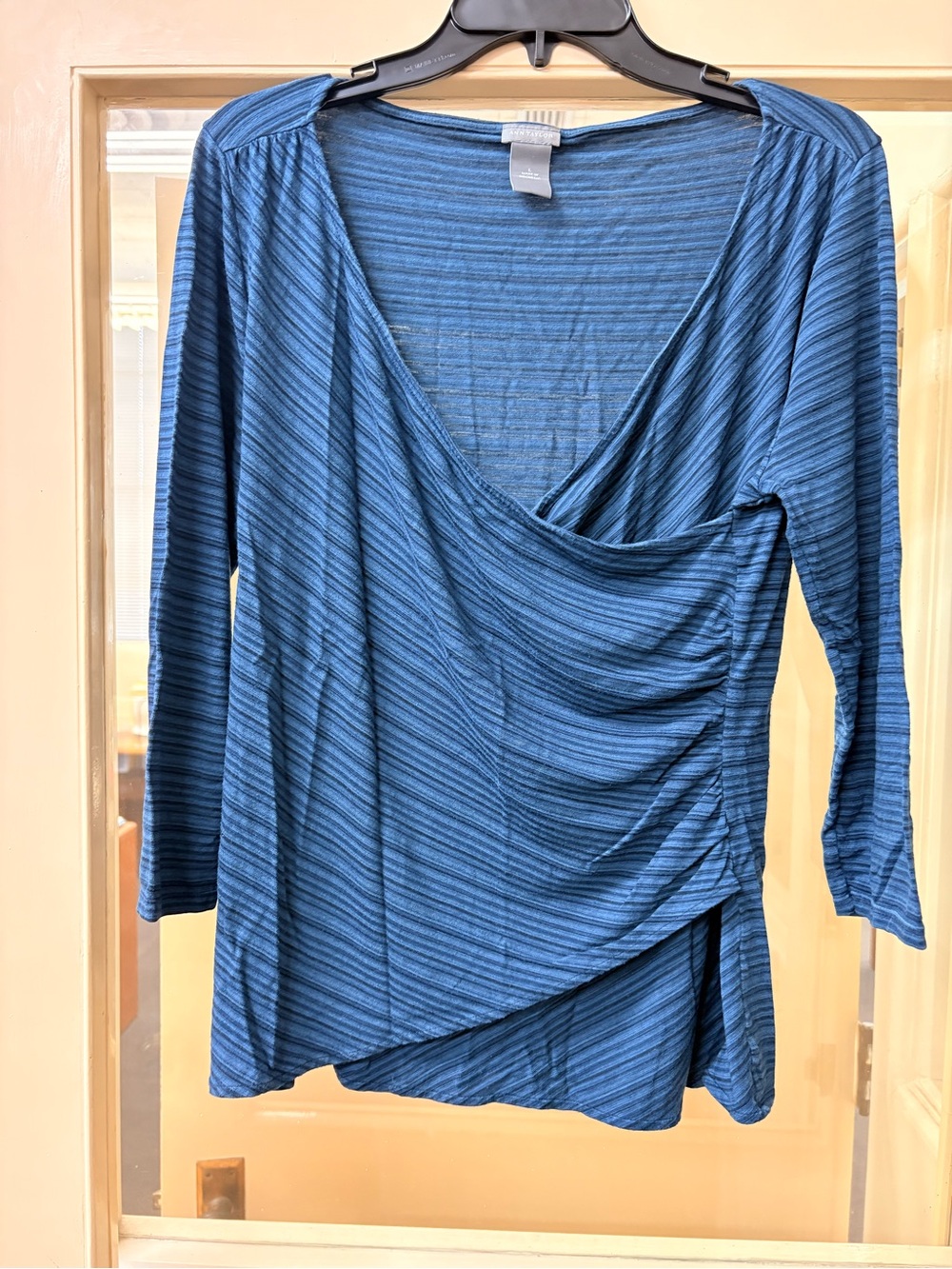Ann Taylor Blue Striped Wrap-Front Long Sleeve Top